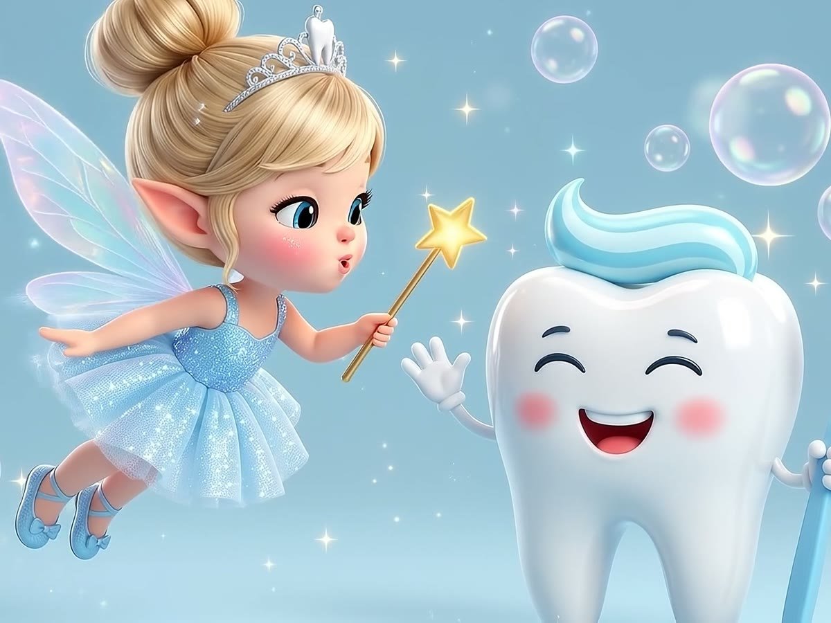 The Tooth Fairy waves at a happy tooth holding its toothbrush.