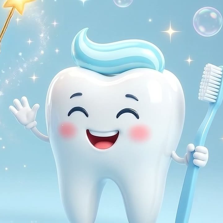 A happy tooth waving with its toothbrush.