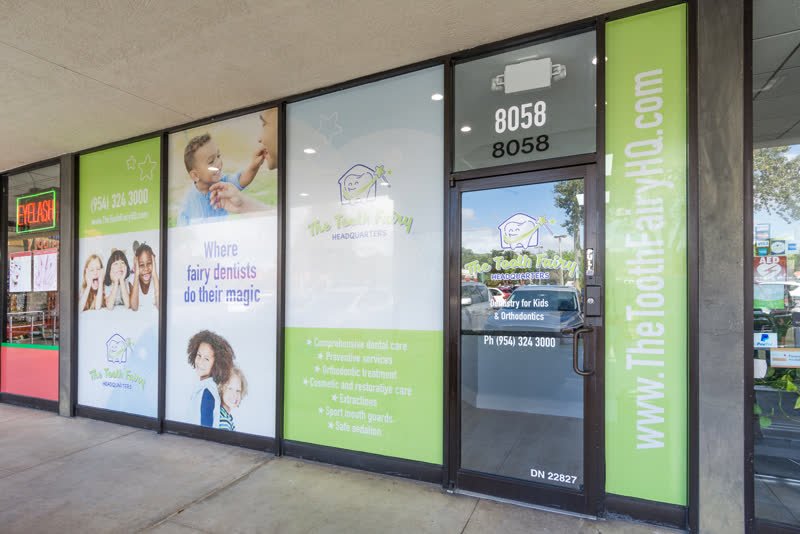 Entrance of The Tooth Fairy HQ pediatric dentistry and orthodontics at 8058 W McNab Rd, North Lauderdale, FL